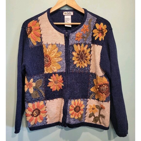 Vtg Tiara International Blue Tan Sunflower Embroidered  Zip Cardigan Sweater L - Picture 1 of 7